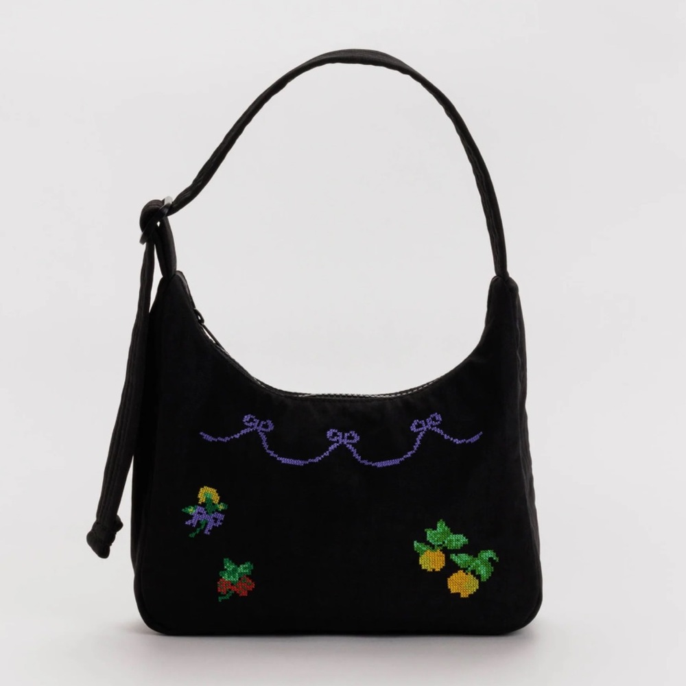 NWT Baggu Mini Nylon Shoulder Bag in Cross Stitch Black